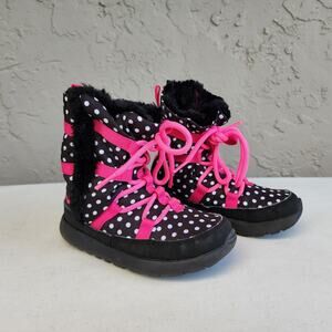 Nike Boots Girls 11 Black Hot Pink Polka Dot Faux Fur Lined Lace Up Roshe One
